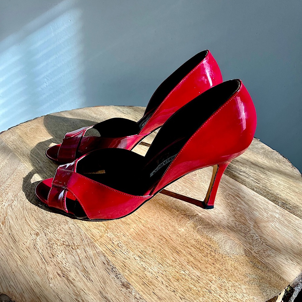 Manolo Blahnik Red Patent Leather Open Toe Pumps Size 38